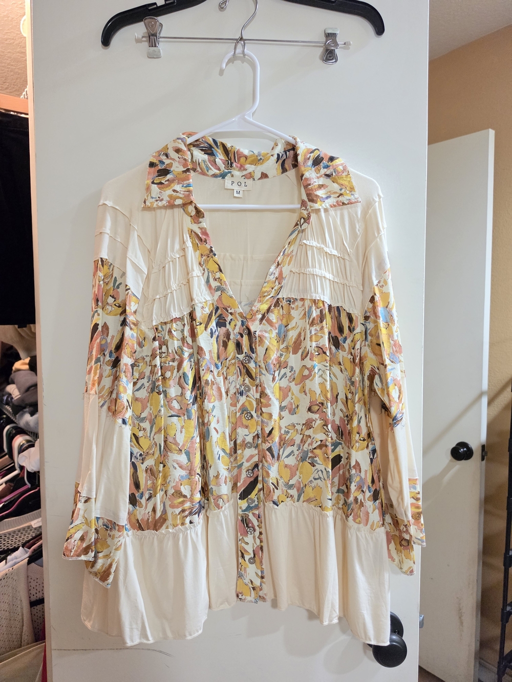 POL Cream Floral Button-Front Tunic with Yellow and Pink Accents